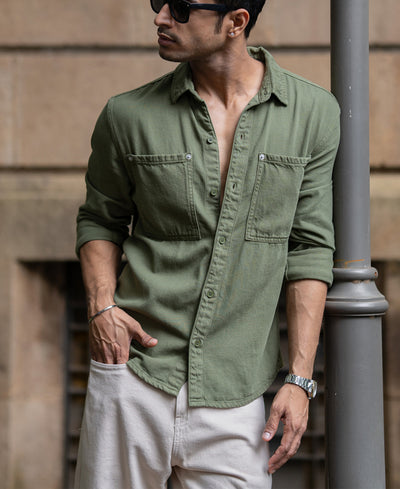 Green Textured Cotton Overshirt