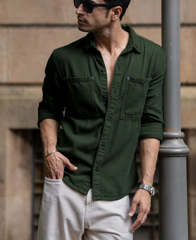 Pine Green Textured Cotton Overshirt