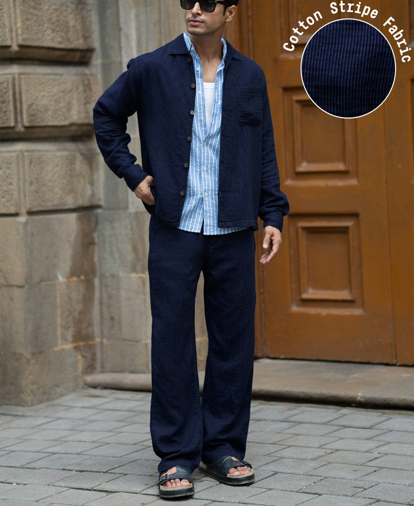 Navy Double Cloth Stripe Co-Ord Set.