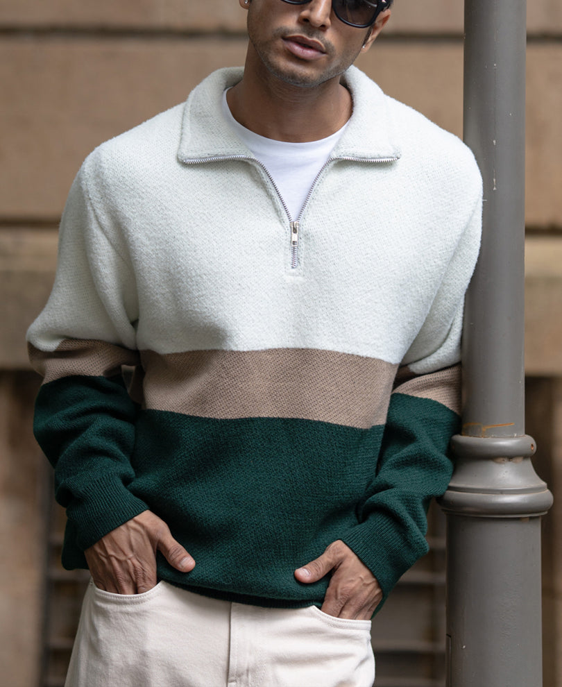 Multicolour Striped Zipper Sweater