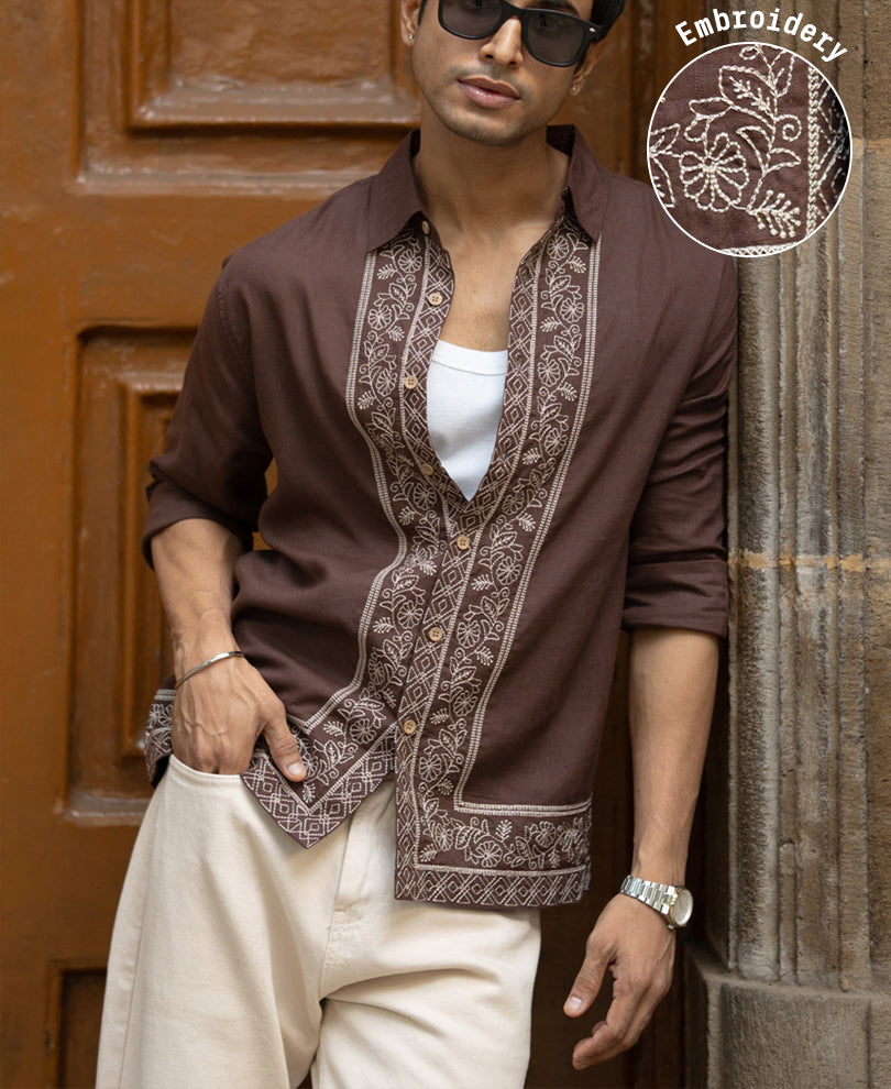 Dark Brown Linen Blend Embroidery Shirt