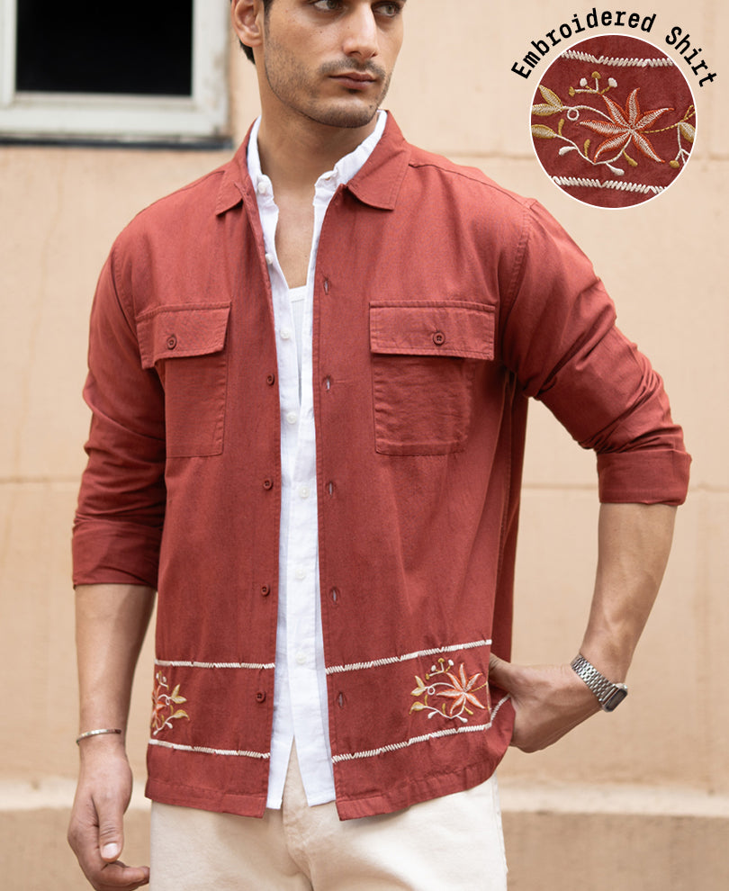 Brick Embroidered Linen Shirt.