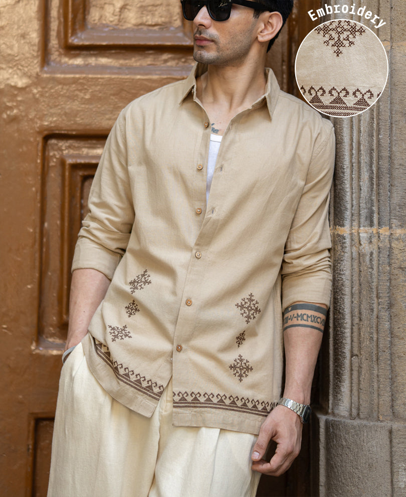 Beige Linen Blend Embroidered Shirt