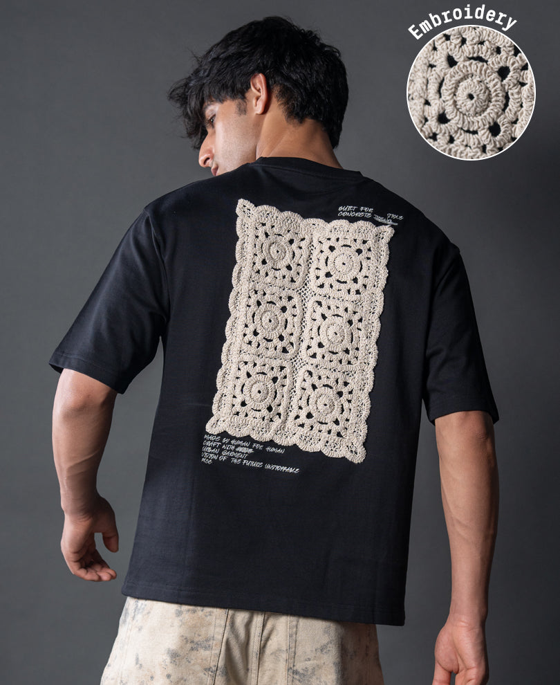 Black Crochet Patch Embroidered T-Shirt.