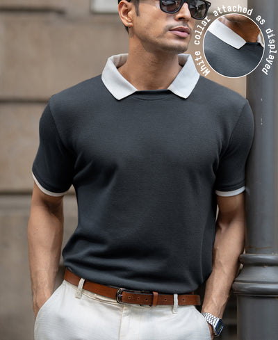 Blue Contrast Collar Knit T-Shirt