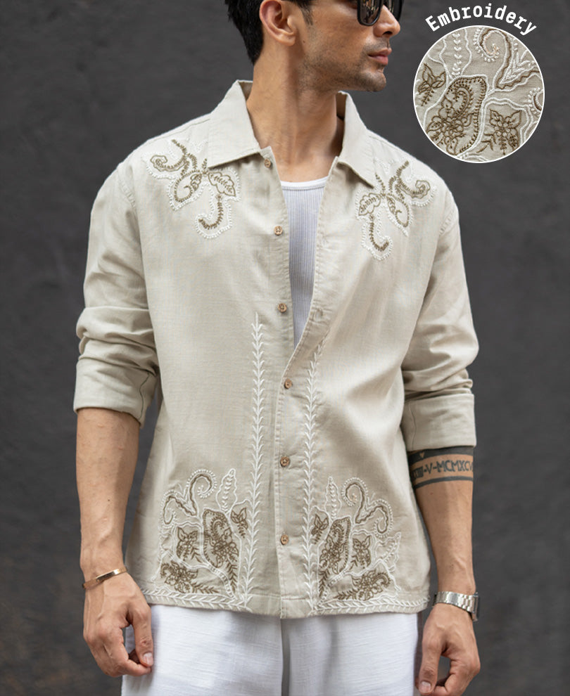 Beige Floral Embroidery Shirt 100% Cotton