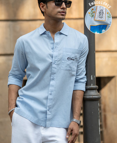 Blue Linen Blend Embroidered Shirt