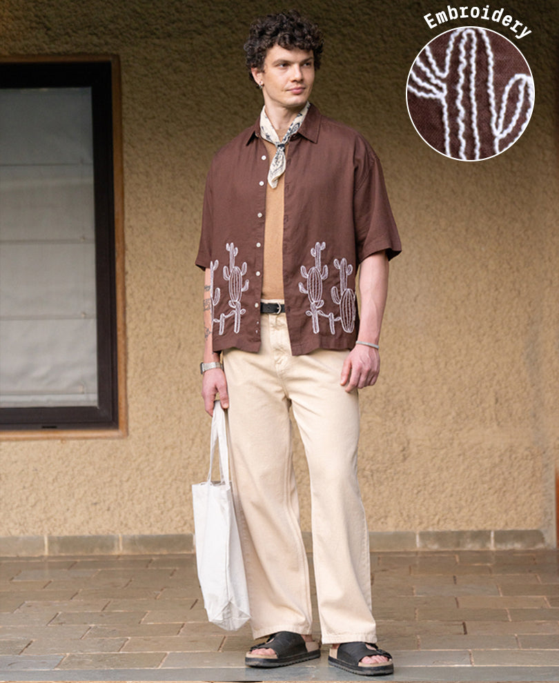 Brown Linen Blend Embroidery Shirt