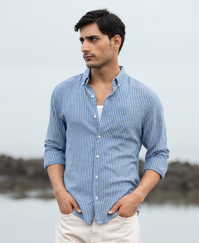 Blue Linen Blend Stripe Shirt
