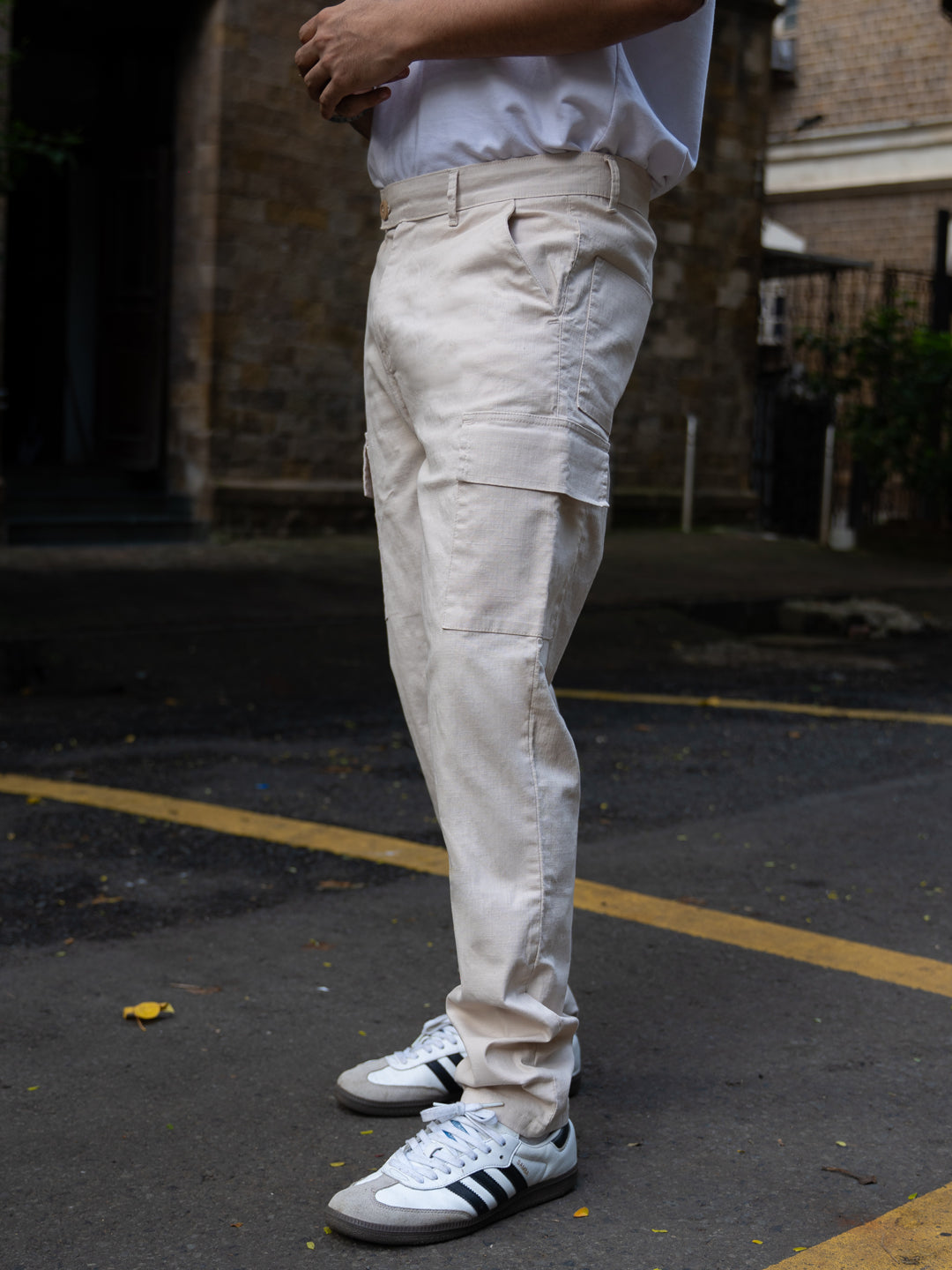 Cream Cotton Cargo Regular Fit Pant