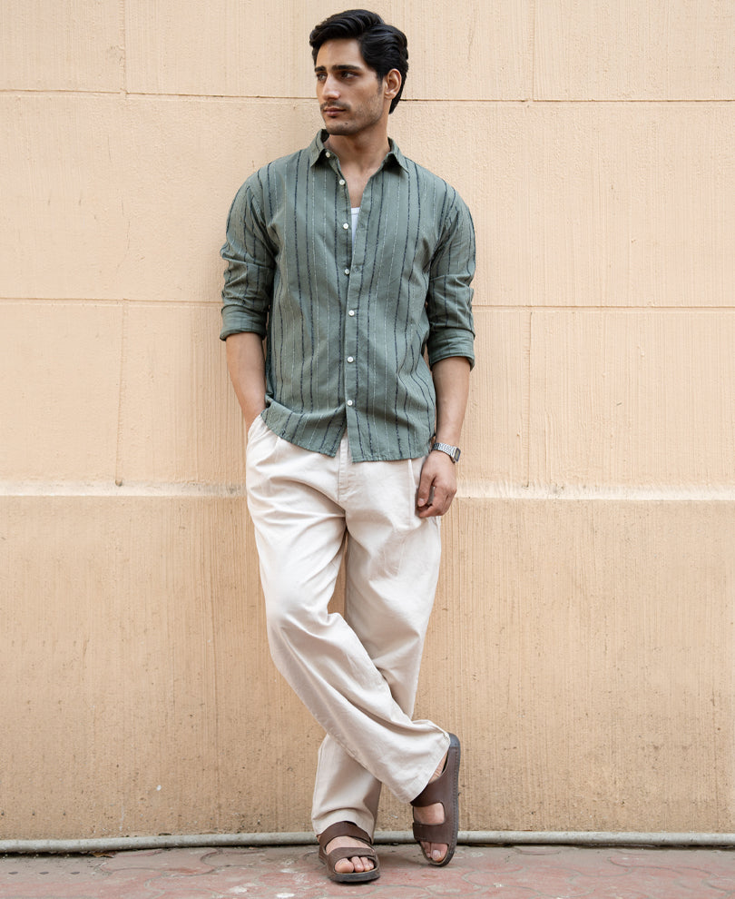 Olive Boucle Stripe Shirt.