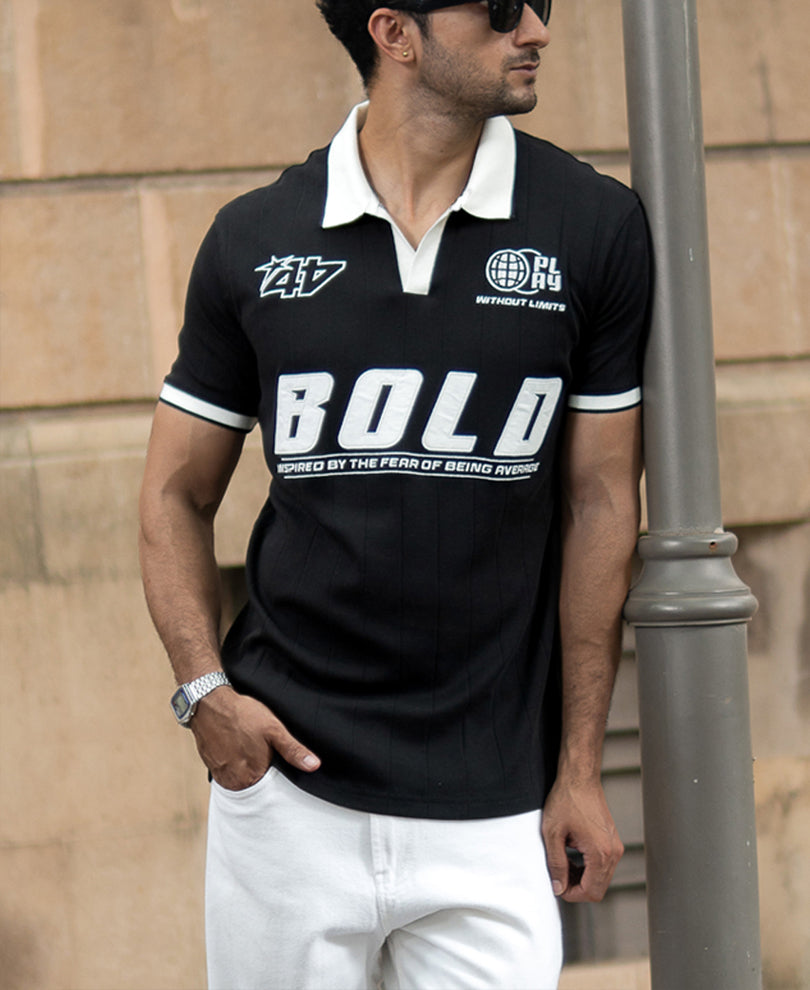 Black Contrast Embroidery T-Shirt