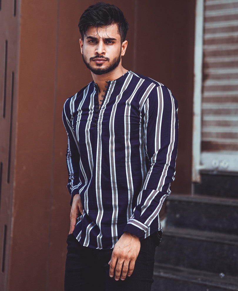 Navy Blue Vertical Stripe Kurta Full Sleeves Shirt