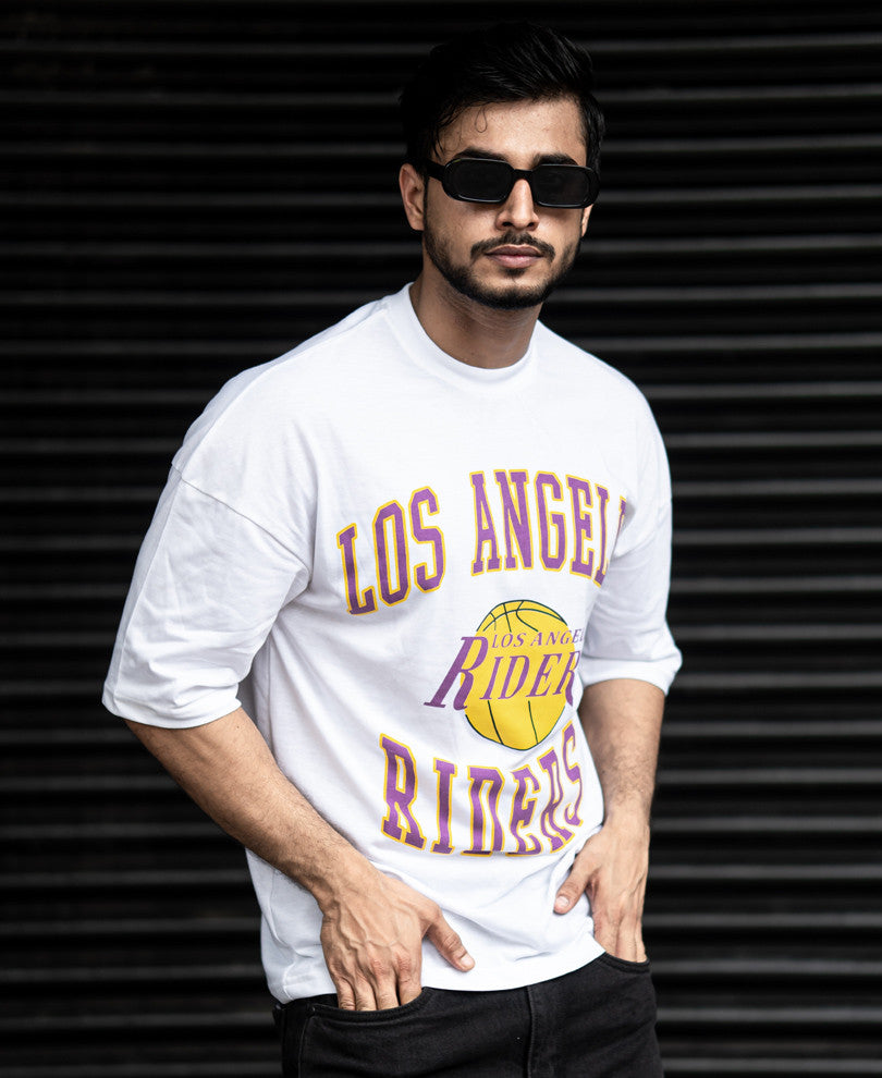 White Los Angeles Riders Print Oversize Drop Shoulder T Shirt