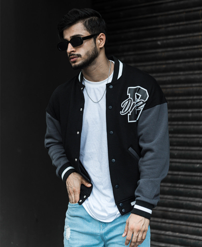 Black Varsity Baseball Oversize Drop Shoulder Jacket