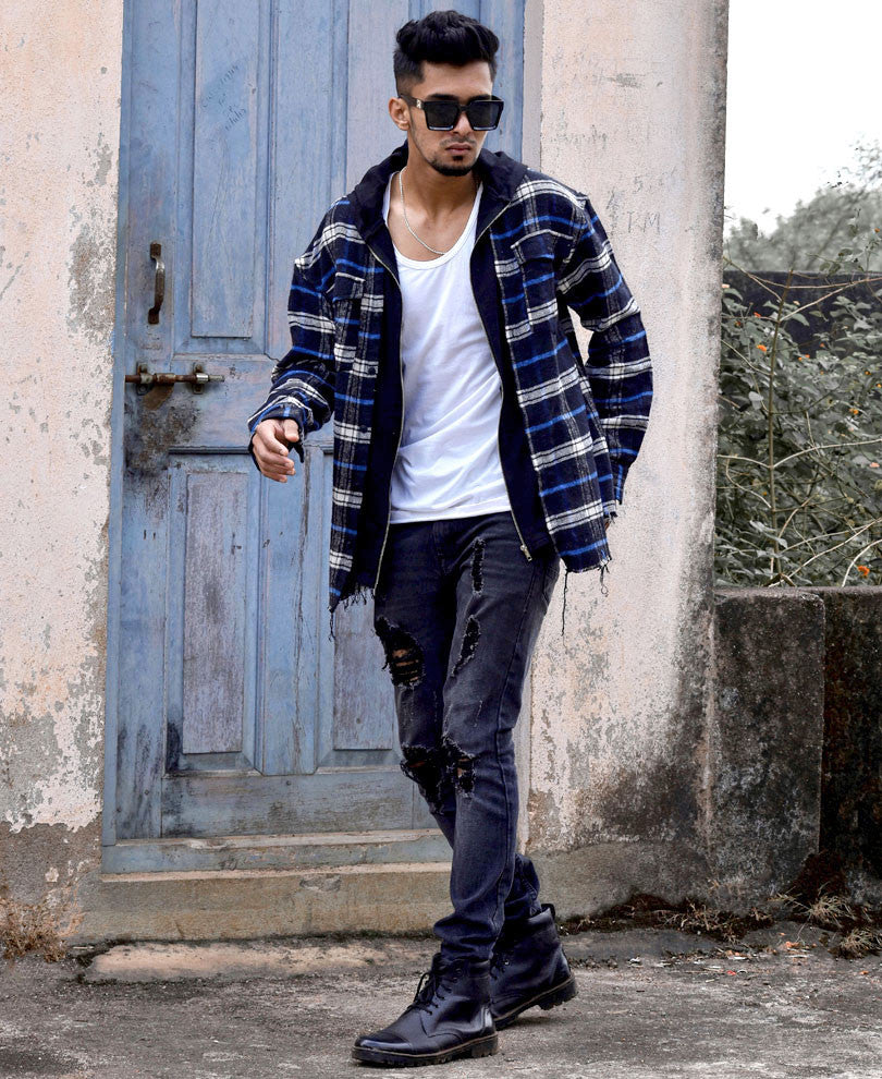 Navy Blue And White Checks Overshirt Hood Jacket With Zip