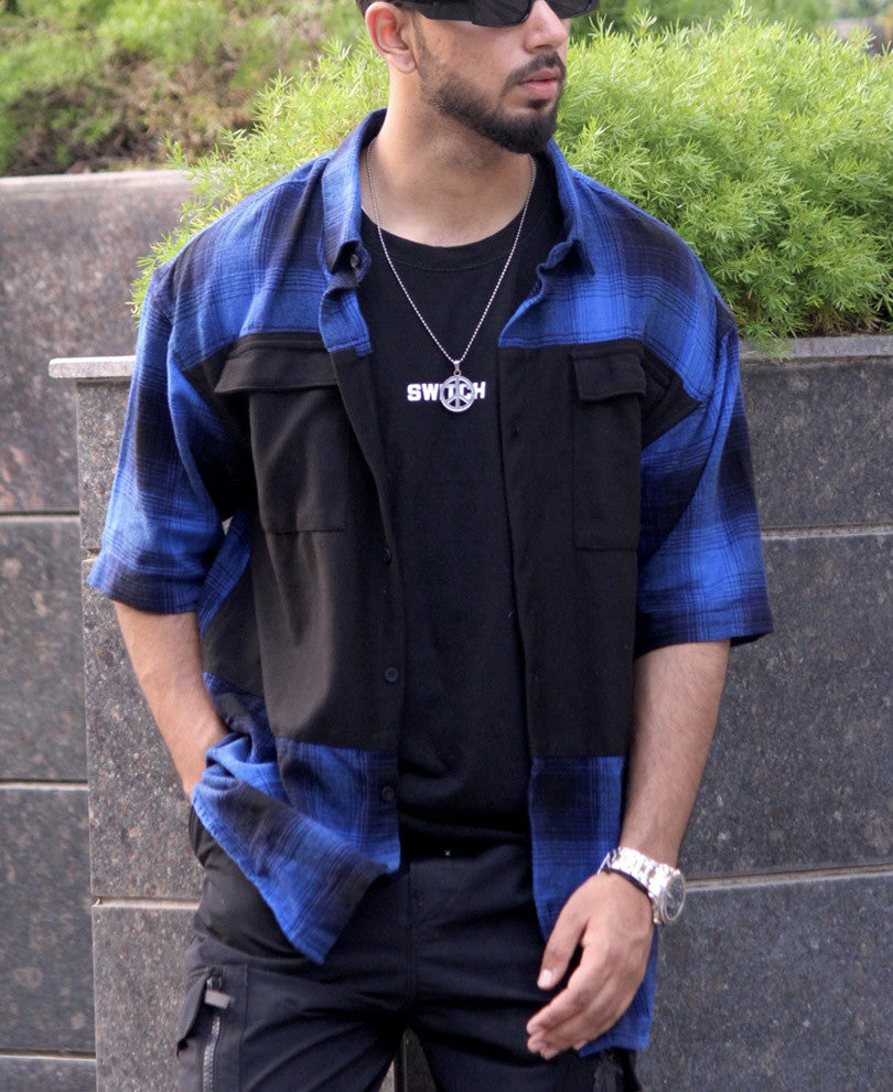 Blue With Black Panel Checks Oversize Drop Shoulder Shirt