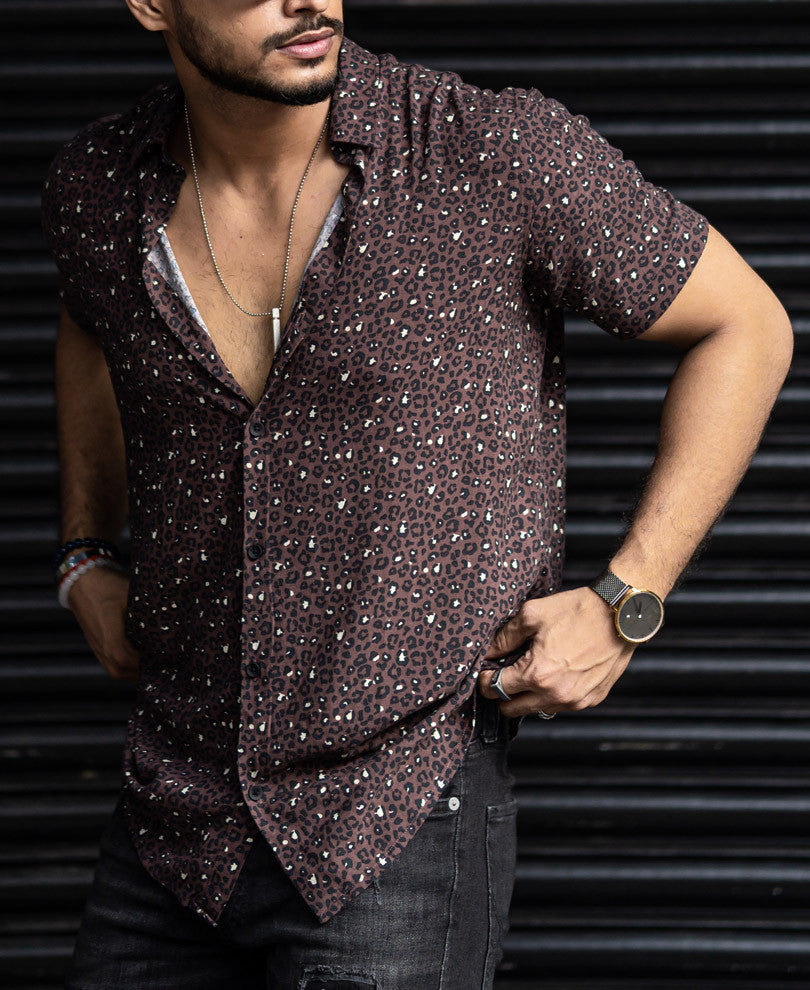 Dark Brown Leopard Print Half Sleeves Shirt