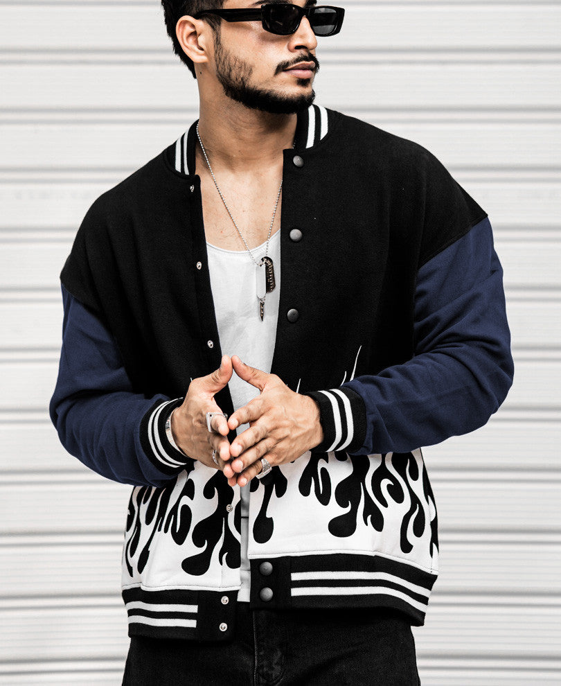 Black Flames Varsity Oversize Drop Shoulder Jacket