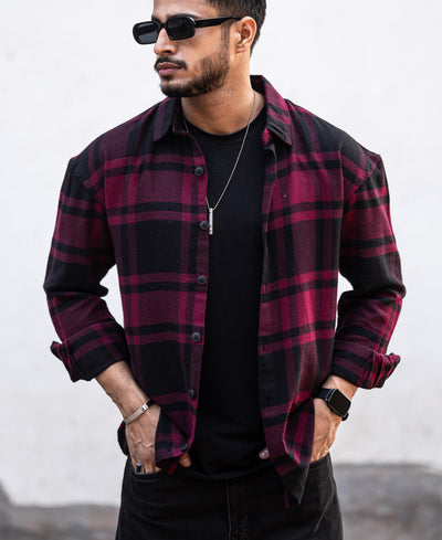 Maroon Plaid Checks Oversize Drop Shoulder Shirt
