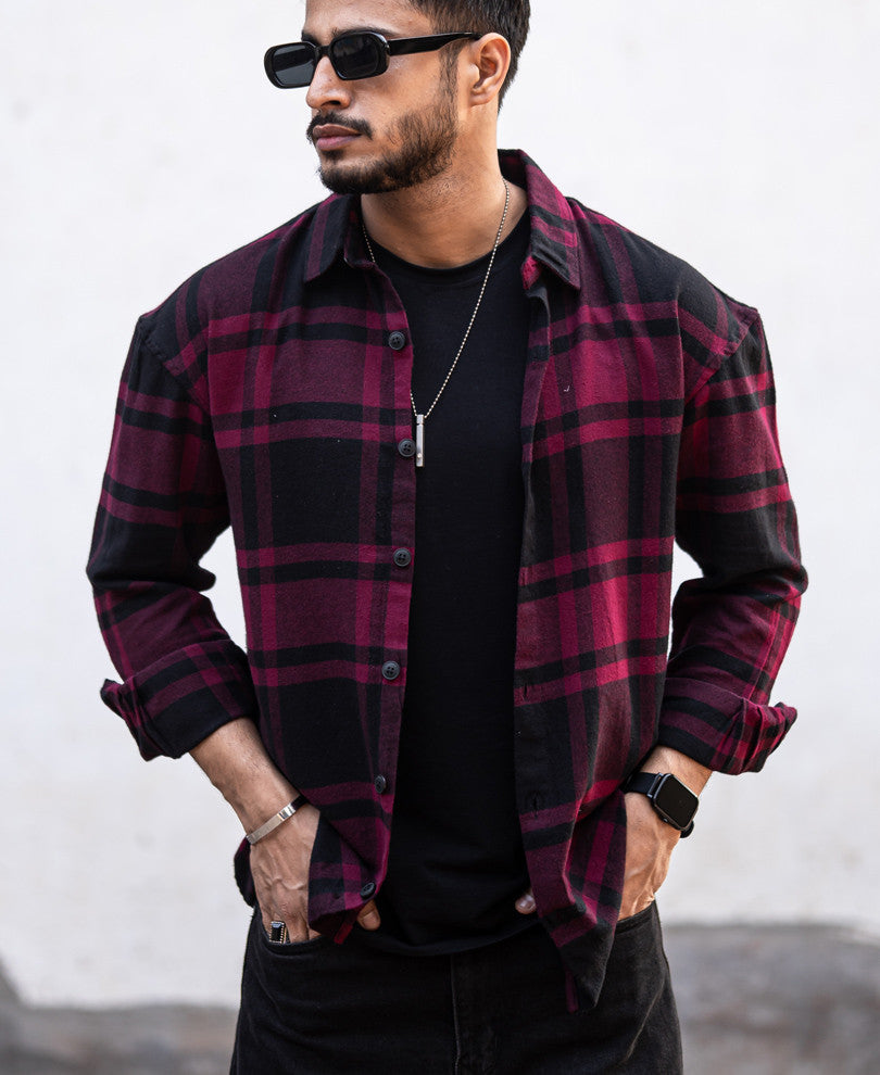 Maroon Plaid Checks Oversize Drop Shoulder Shirt