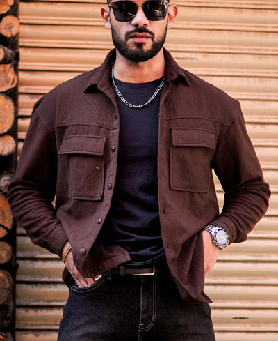 Dark Brown Shacket Pocket Oversize Drop Shoulder Shirt