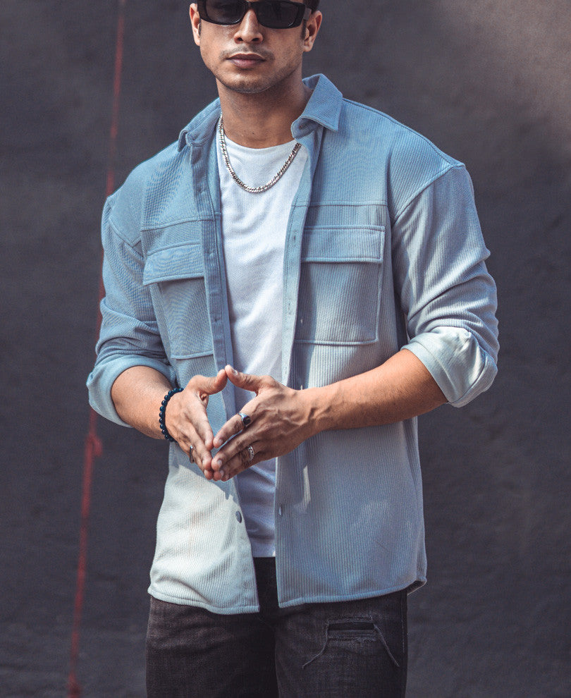 Sky Blue Chest Pocket Oversize Drop Shoulder Shirt