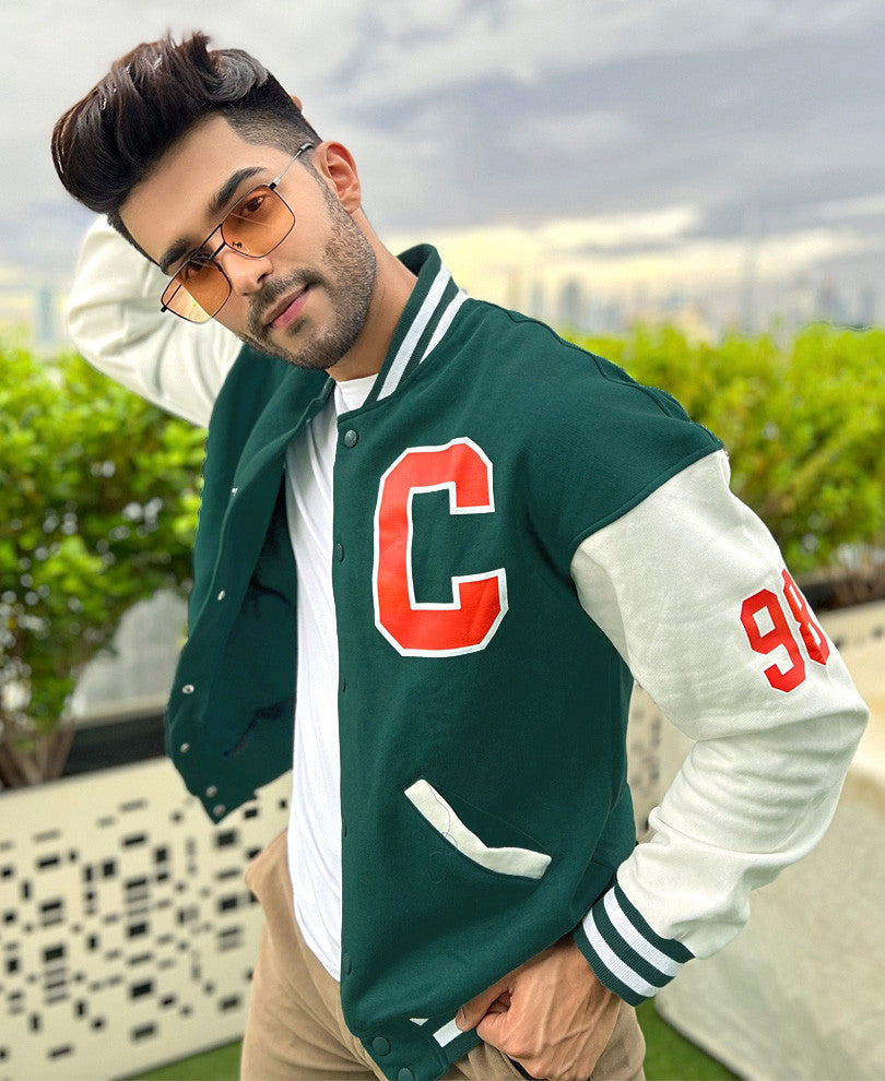 Bottle Green Varsity Baseball Oversize Drop Shoulder Jacket