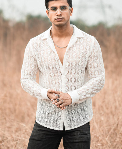 White Sheer Pattern Full Sleeves Shirt