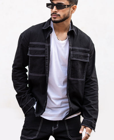 Black Contrast Stitch Oversize Drop Shoulder Shirt D