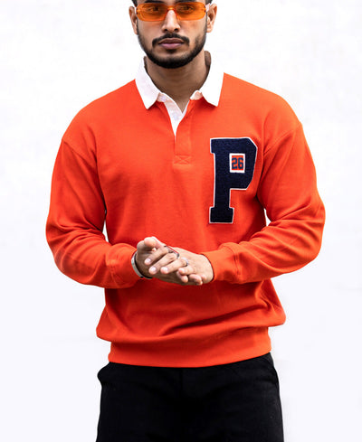 Orange Polo Collar Oversize Drop Shoulder Sweatshirt