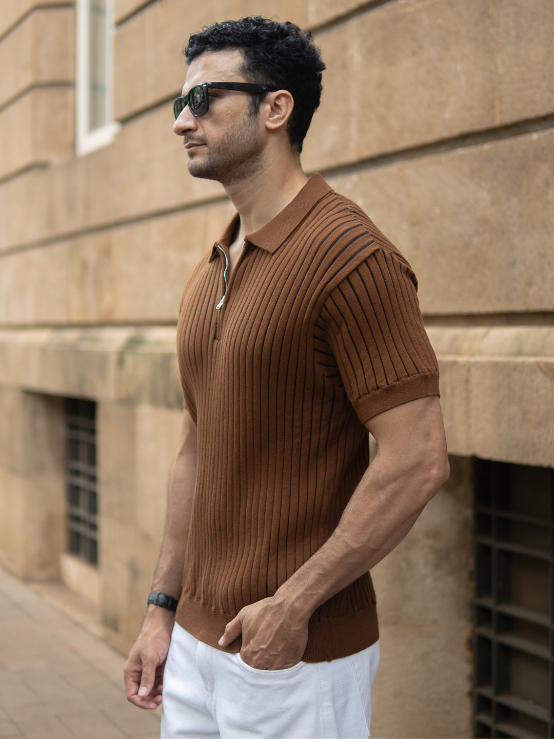 Brown Striped Knit Polo T-Shirt