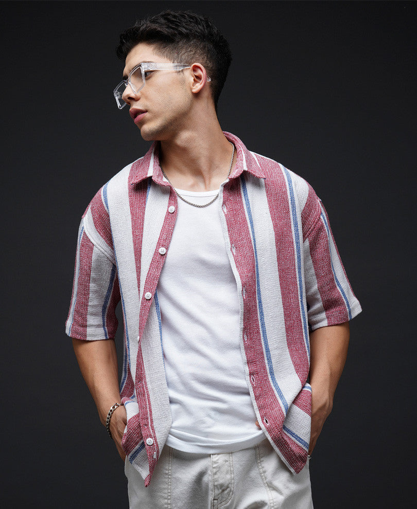 Red Striped Structured Oversize Drop Shoulder Shirt