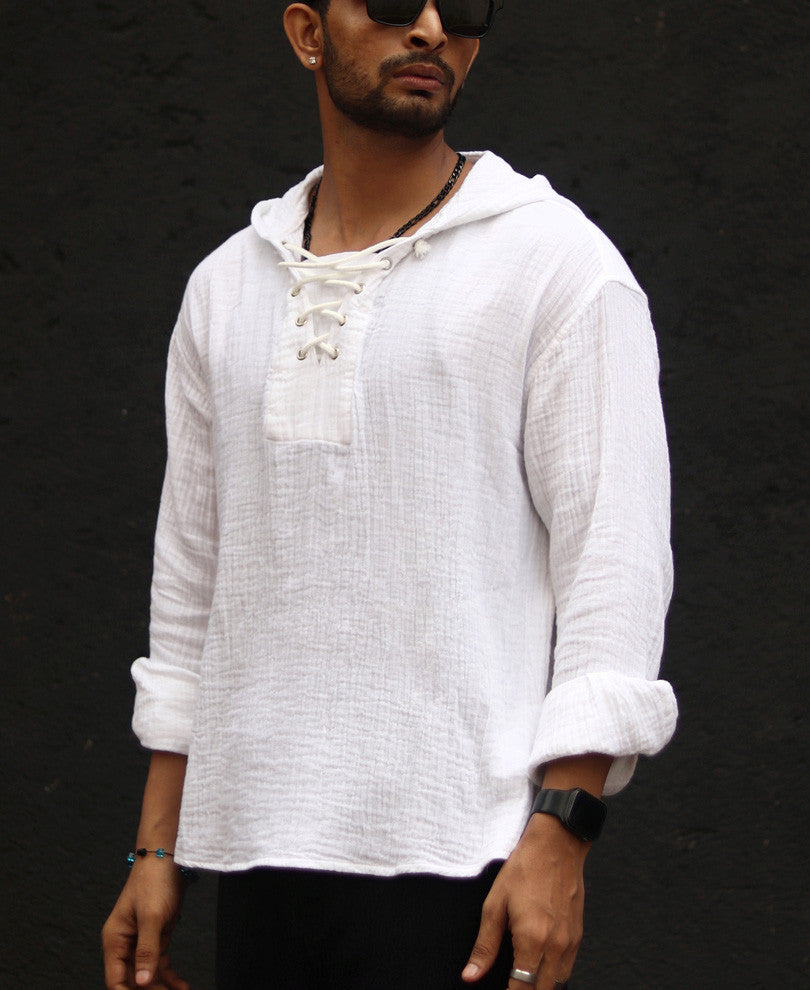 White Hoodie Oversize Drop Shoulder Shirt