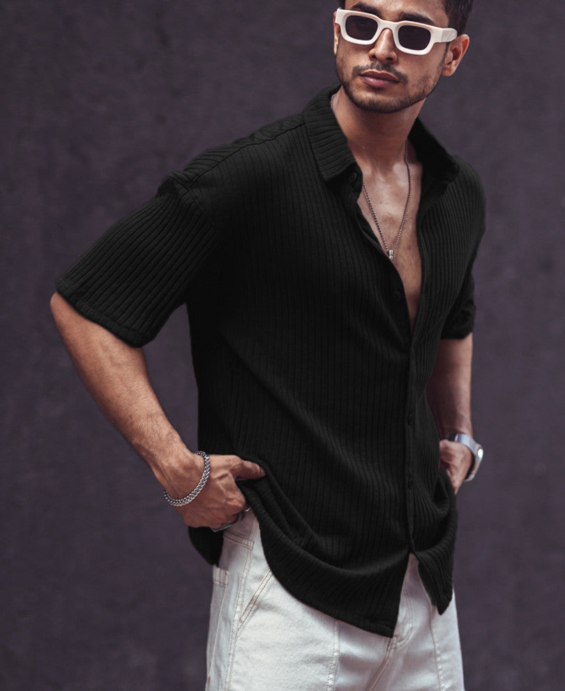 Black Rib-Knit Oversize Drop Shoulder Shirt