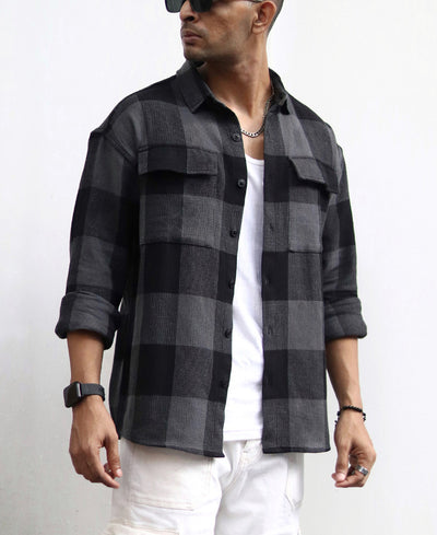 Charcoal Black Checks Structured Oversize Drop Shoulder Shirt