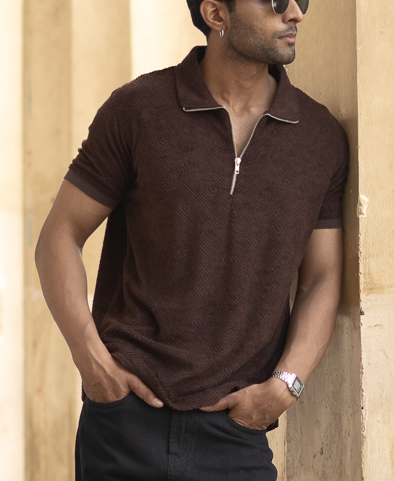 Brown Jacquard Regular Fit Half Sleeves T-Shirt