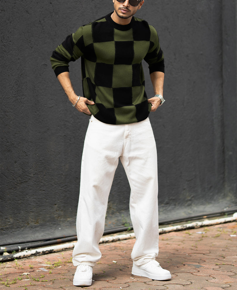Black And Green Checks Regular Fit Full Sleeves T-Shirt