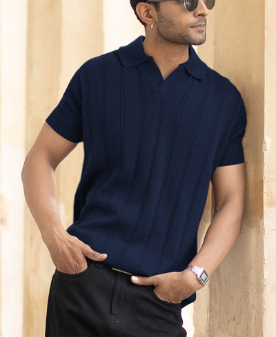 Navy Blue Knitted Polo T-Shirt