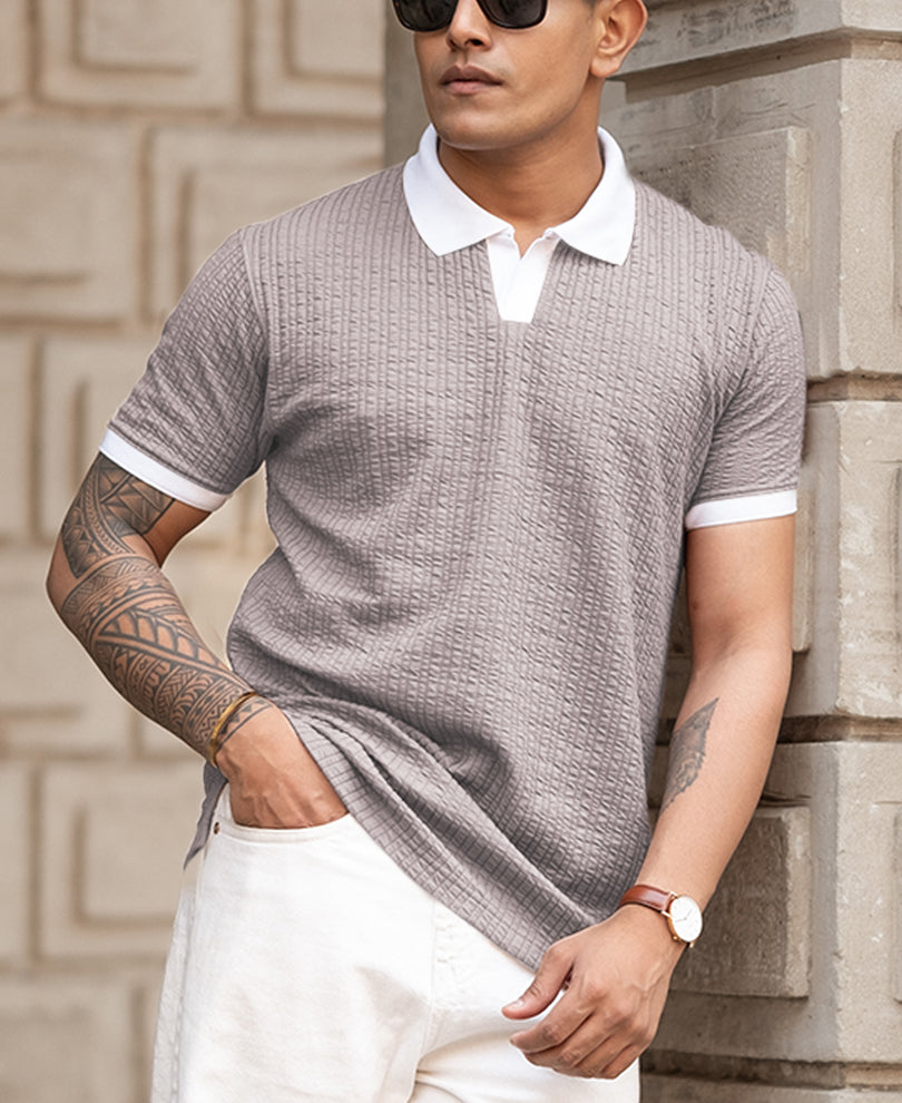 Grey Contrast Collar Polo T-Shirt