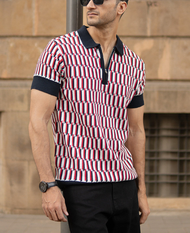 Multicolour Jacquard Knit Polo T-Shirt