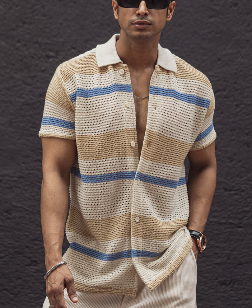 Multicolor Structured Striped Regular Half Sleeves Shirt