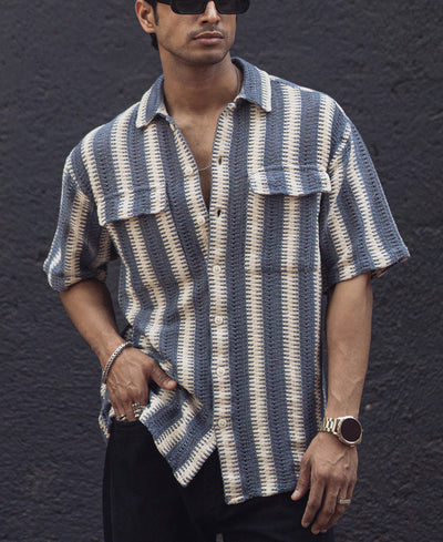 Sky Blue and White Crochet Striped Oversized Shirt