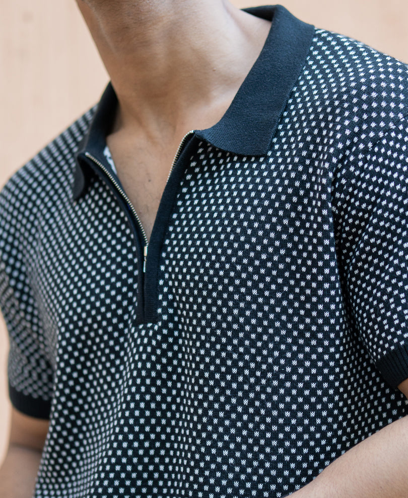 Black Jacquard Knit Polo T-Shirt 100% Cotton