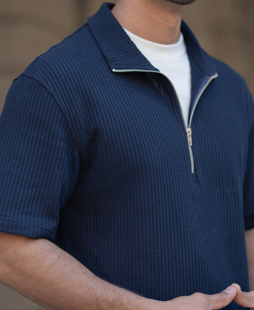 Navy Waffle Oversized Half Sleeves T-Shirt