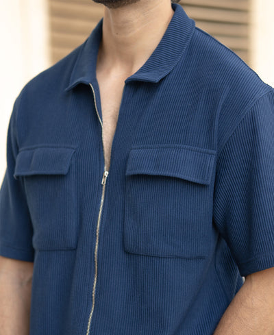Blue Corduroy Oversized Half Sleeves Shirt