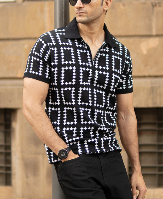 Black Knit Zipper Polo T-Shirt S Black Half Sleeves