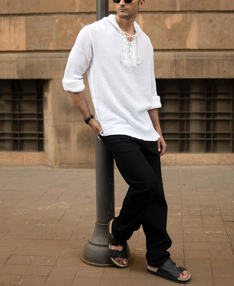 White Crinkled Hooded Shirt