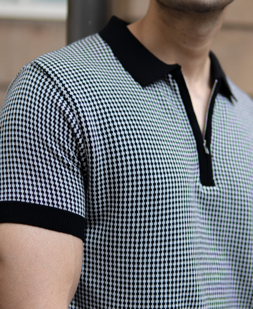 Black And White Knit Polo T-Shirt