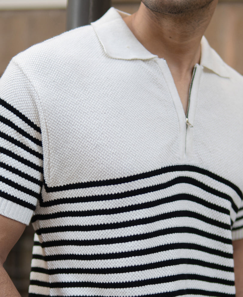 Black Stripe Knit Zipper Regular Fit T-Shirt